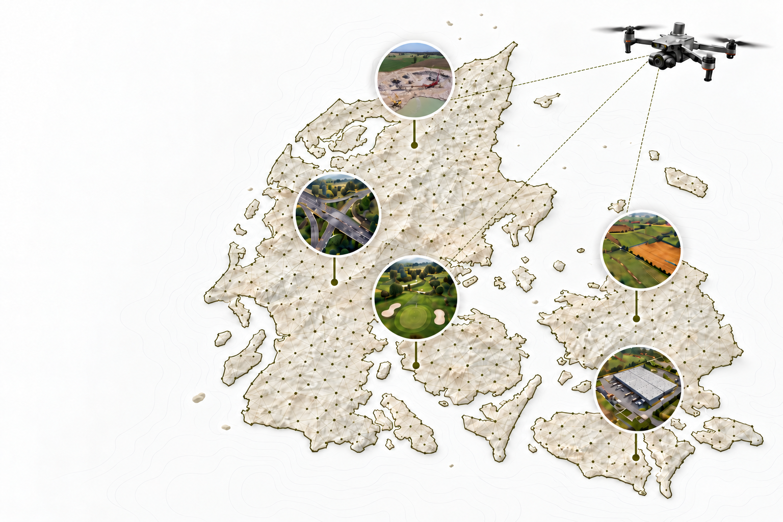 Danmarkskort med fem kortlægningsområder, herunder en dansk grusgrav, og en drone, der indsamler geografiske data
