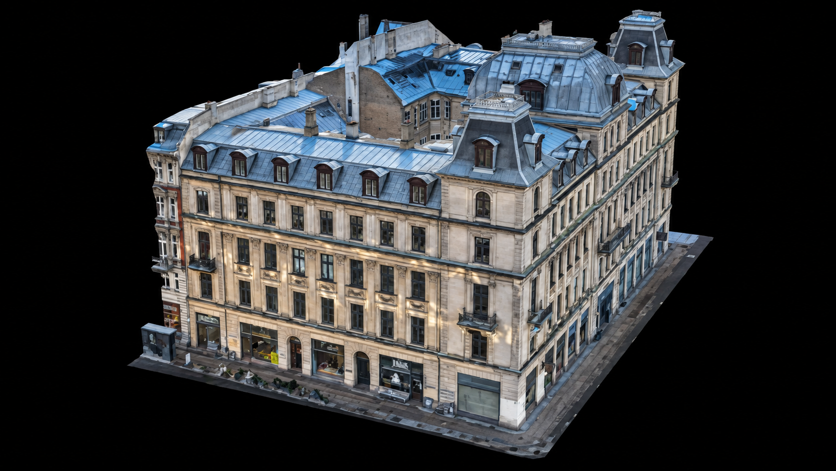 Tekstureret 3D-model af en historisk etageejendom