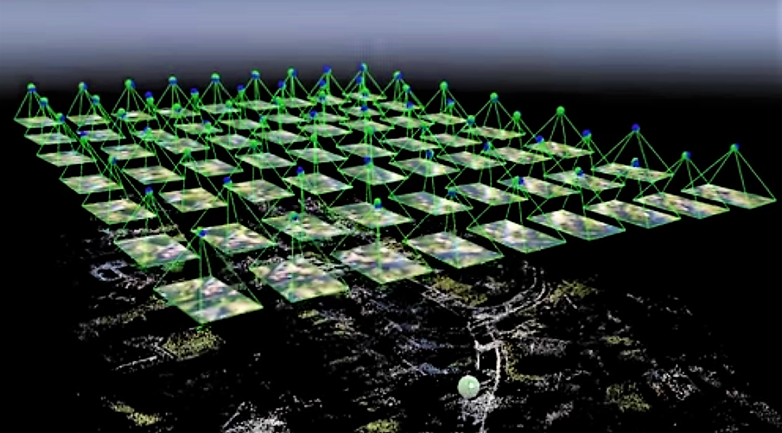 Fotogrammetrisk flyvegrid med overlappende dronefotos
